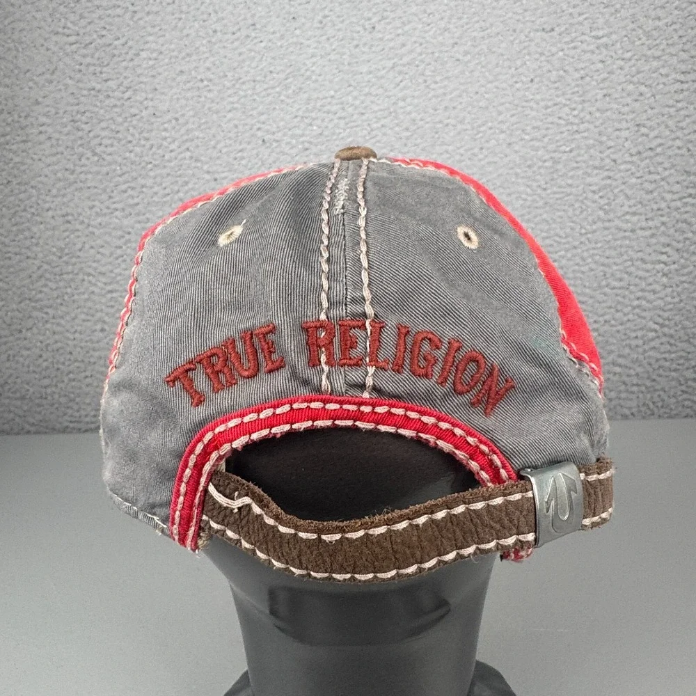 VTG True Religion Hat Mens Red Gray Distressed Y2K Buddha Logo Baseball Cap‎
